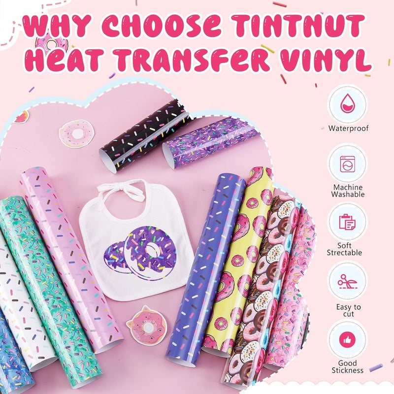 Tintnut Donut Sprinkle Heat Transfer Vinyl - 12 Sheets 10x12 Inch Sweet Bakes Iron on Vinyl Patterned Printed Frosting Birthday Party Decor HTV DIY Hats Clothes for Silhouette Cameo or Cricut - Image 3